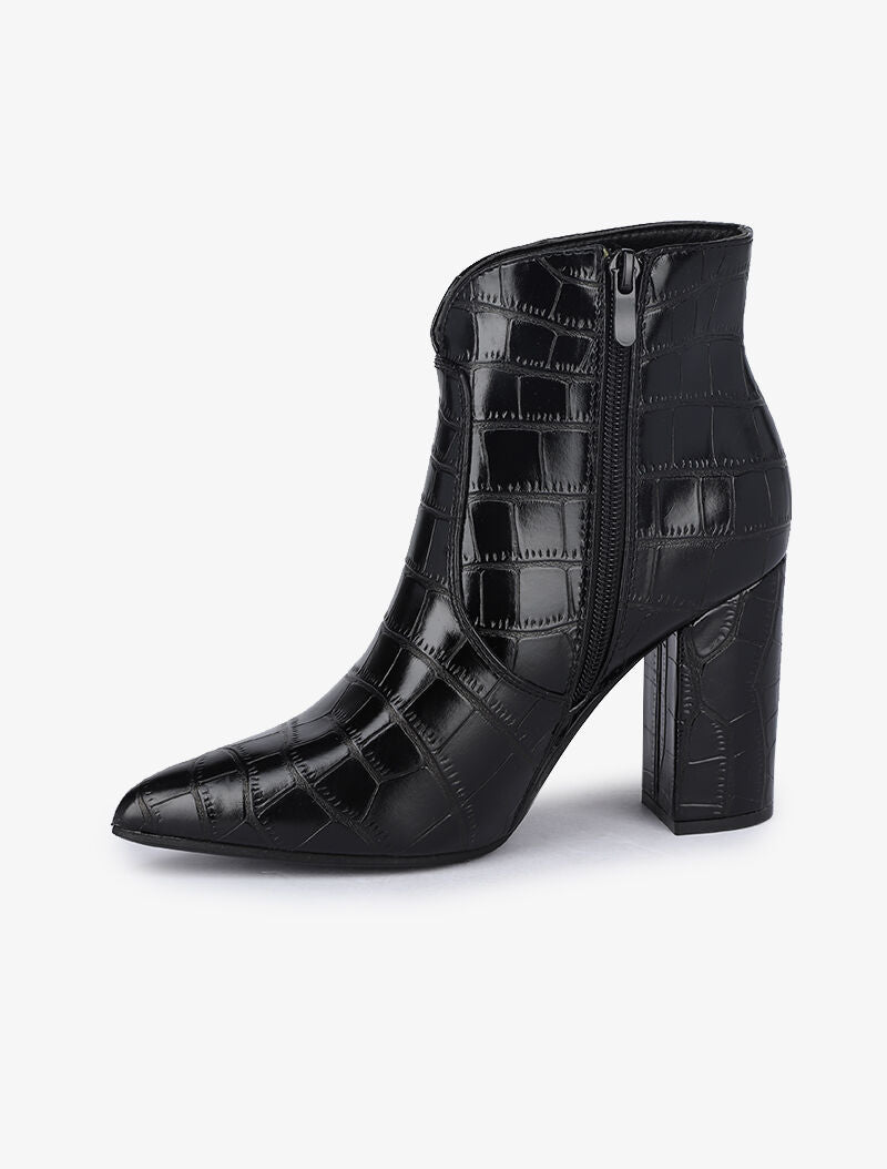 Bottines à talons effet croco - Noir - 6
