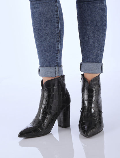 Bottines à talons effet croco - Noir - 8