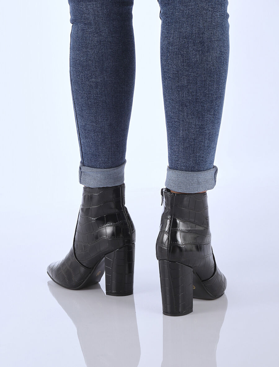 Bottines à talons effet croco - Noir - 2
