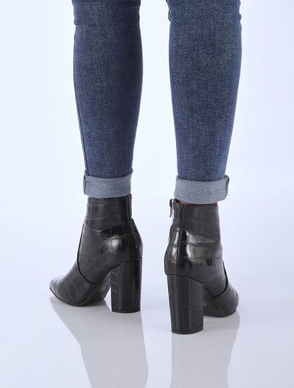 Bottines à talons effet croco - Noir - 2