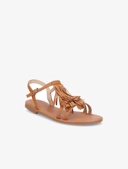 Nu-pieds en suédine et à franges - Camel - 6
