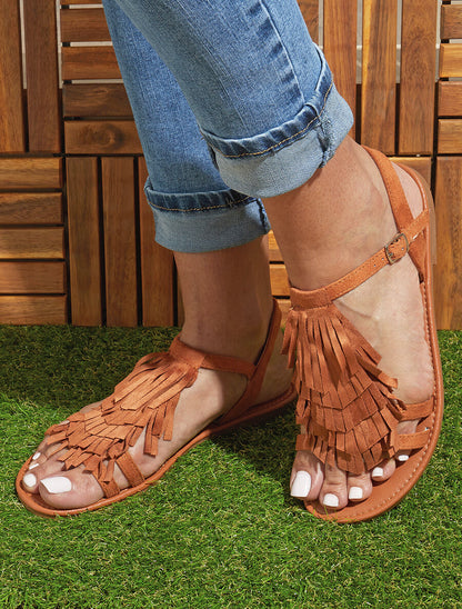 Nu-pieds en suédine et à franges - Camel - 2