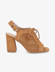 Sandales à talon en suédine ajourées et lacets - Camel - 5