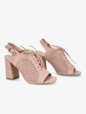 Sandales à talon en suédine ajourées et lacets - Rose - 1