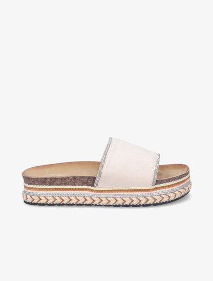 Claquettes à strass et semelle stylisée - Beige - 1