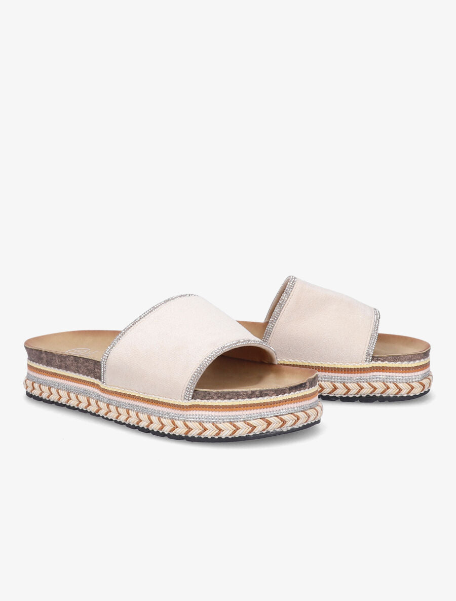 Claquettes à strass et semelle stylisée - Beige - 4