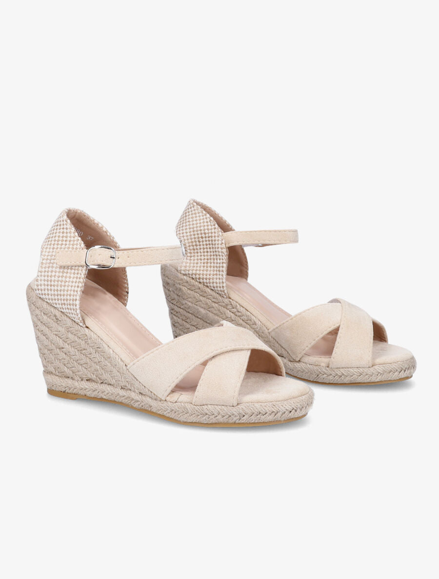 Sandales compensées en suédine à contrefort en damier - Beige - 4