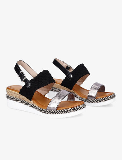 Sandales compensées à bride style osier et irisé - Noir - 4