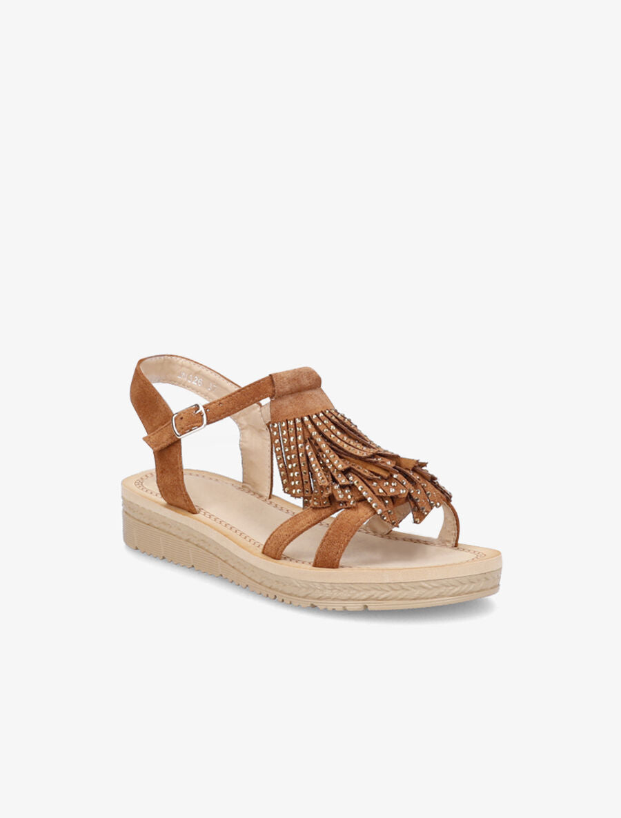 Nu-pieds en suédine à franges et strass - Camel - 2