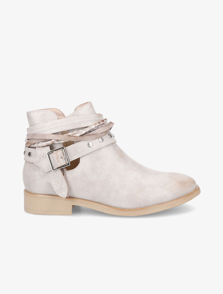Bottines à sangles cloutées et tressées - Beige - 1