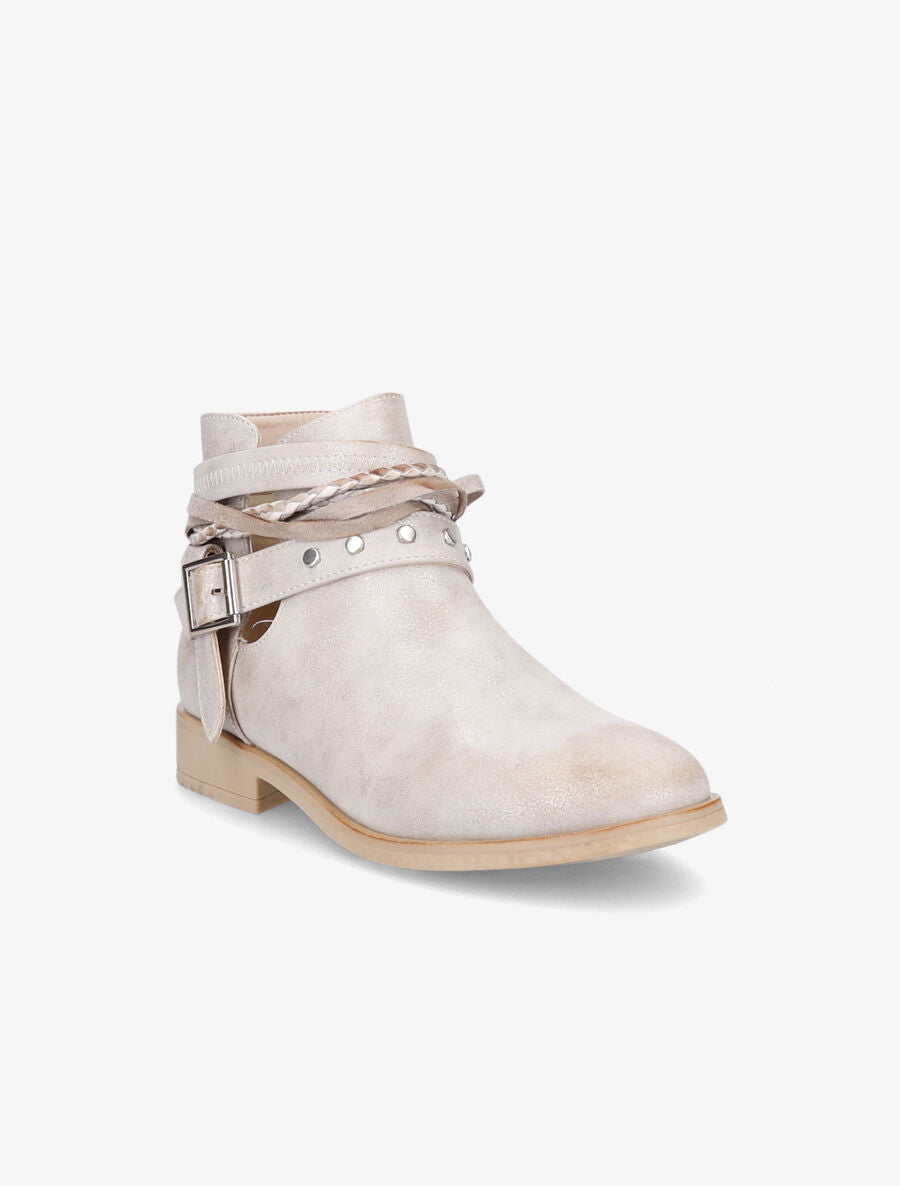 Bottines à sangles cloutées et tressées - Beige - 2