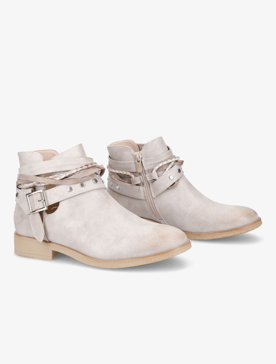 Bottines à sangles cloutées et tressées - Beige - 4
