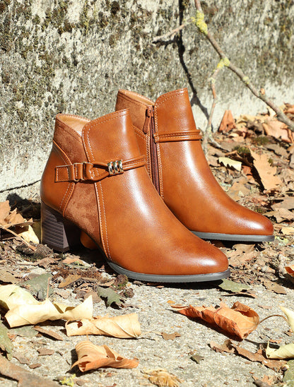 Bottines en simili et suédine à contrefort stylisé - Camel - 5