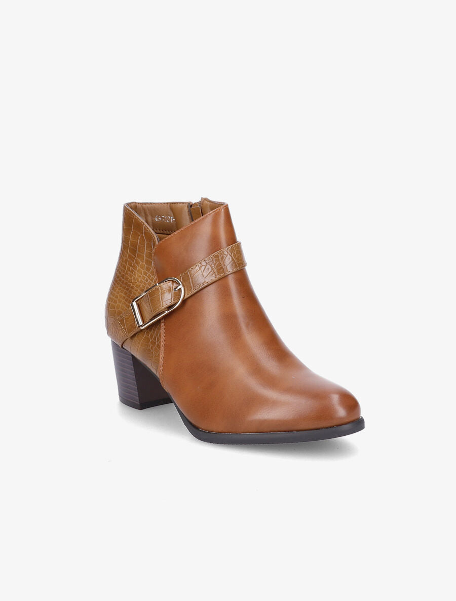 Bottines à contrefort effet python et sangles - Camel - 2
