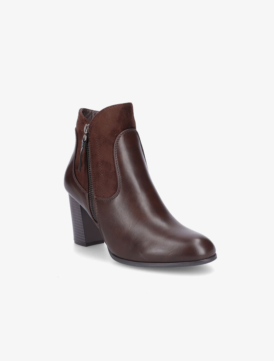 Bottines à talon en simili et suédine - Marron - 2