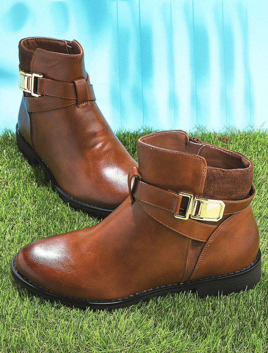 Boots bimatière et lanières croisées - Camel - 5