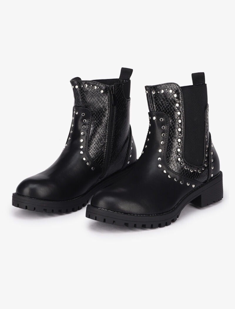 Bottines en simili à détails croco ornées de clous - Noir - 1