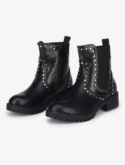 Bottines en simili à détails croco ornées de clous - Noir - 1