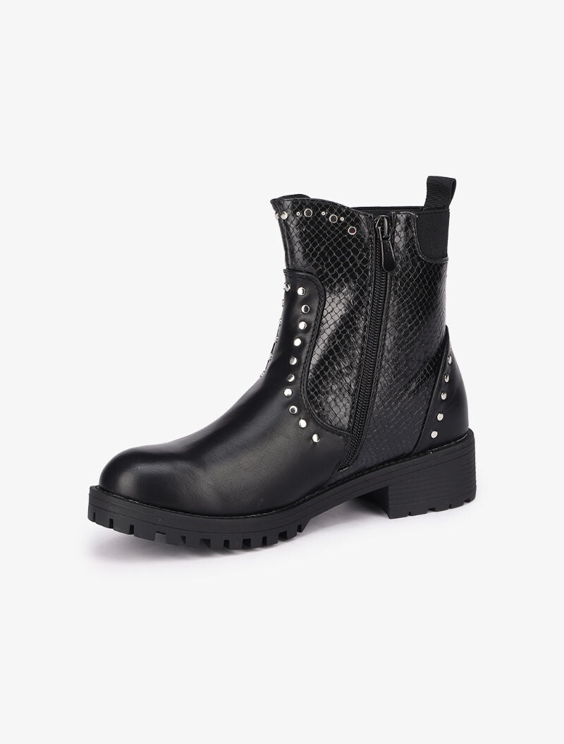 Bottines en simili à détails croco ornées de clous - Noir - 4