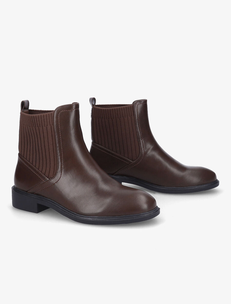 Bottines plates en simili et tissu côtelé - Marron - 4