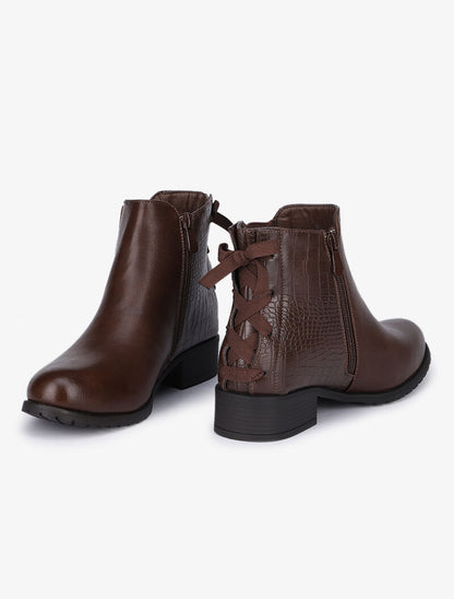 Bottines plates en simili à détails effet croco - Marron - 1
