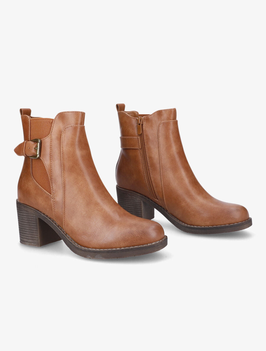 Bottines à talon et boucle - Camel - 4
