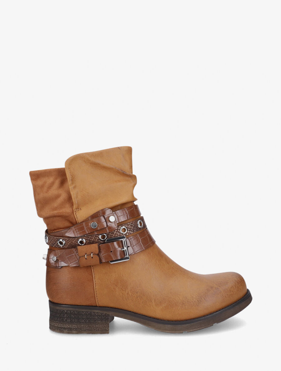 Boots montantes effet plissé à boucles - Camel - 5