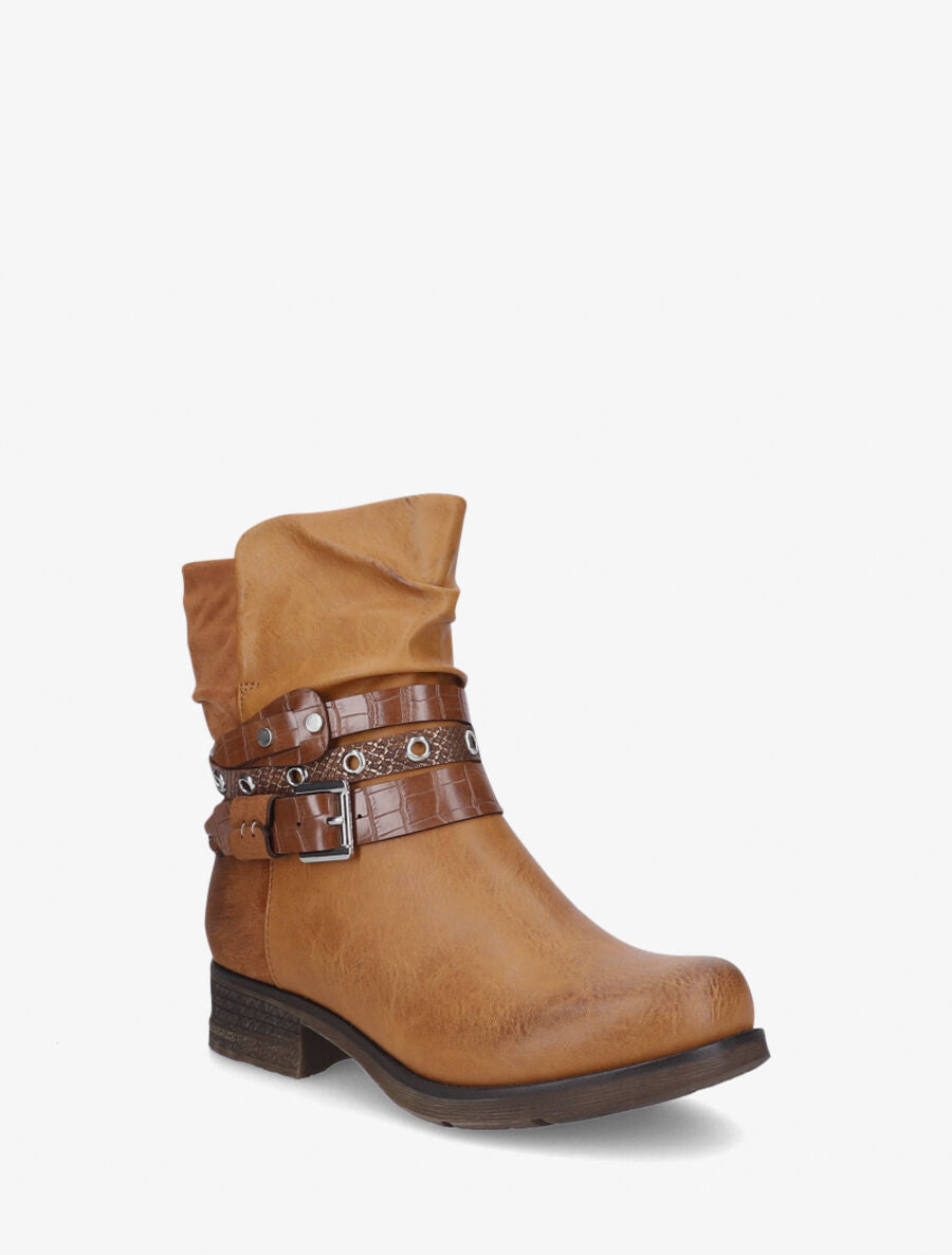 Boots montantes effet plissé à boucles - Camel - 2