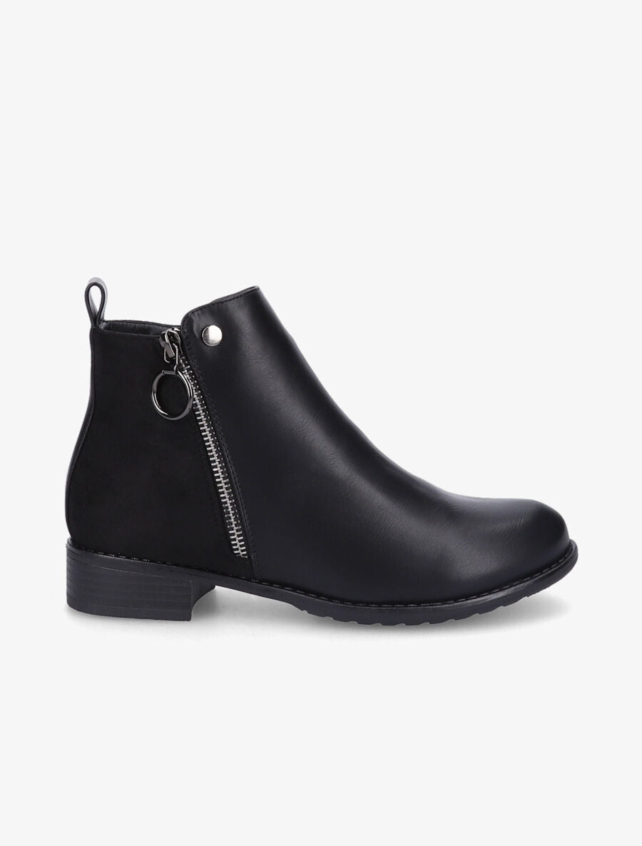 Bottines plates en simili et suédine - Noir - 1