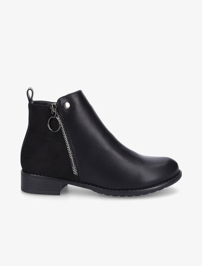 Bottines plates en simili et suédine - Noir - 1