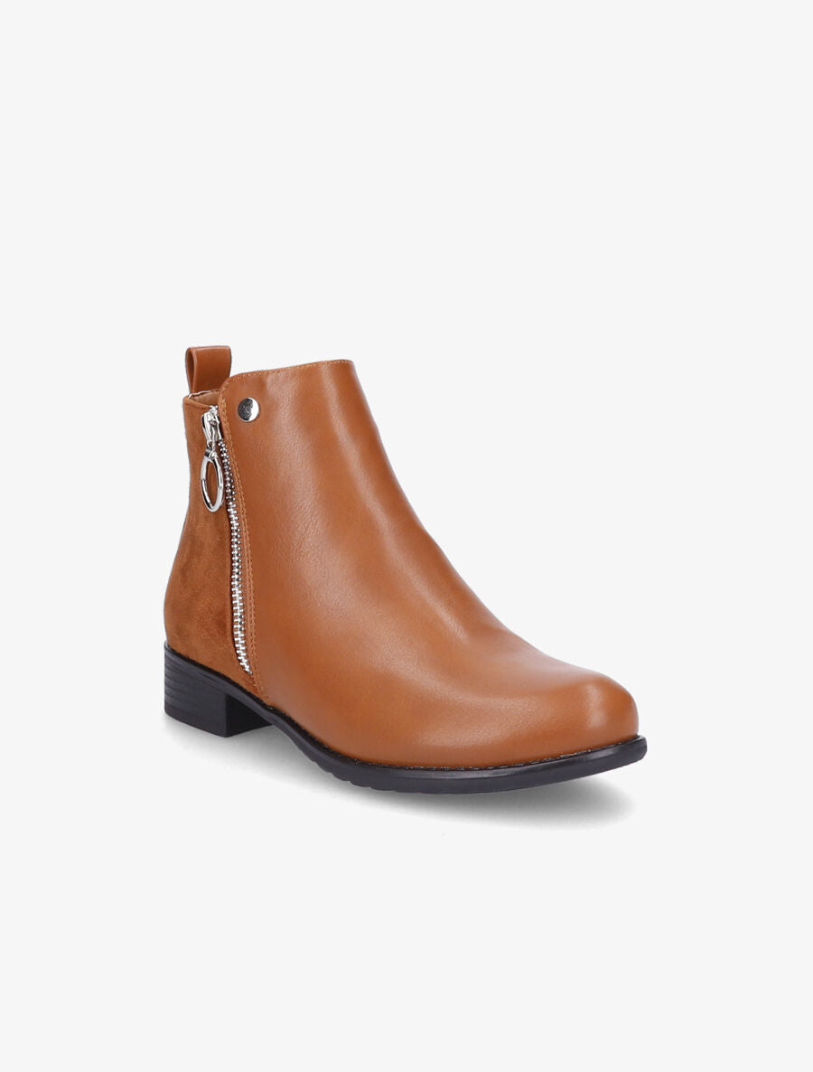 Bottines plates en simili et suédine - Camel - 2