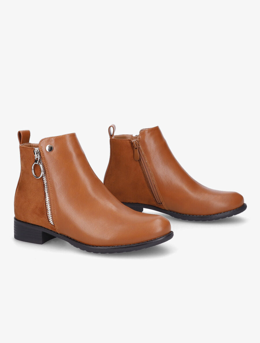 Bottines plates en simili et suédine - Camel - 4