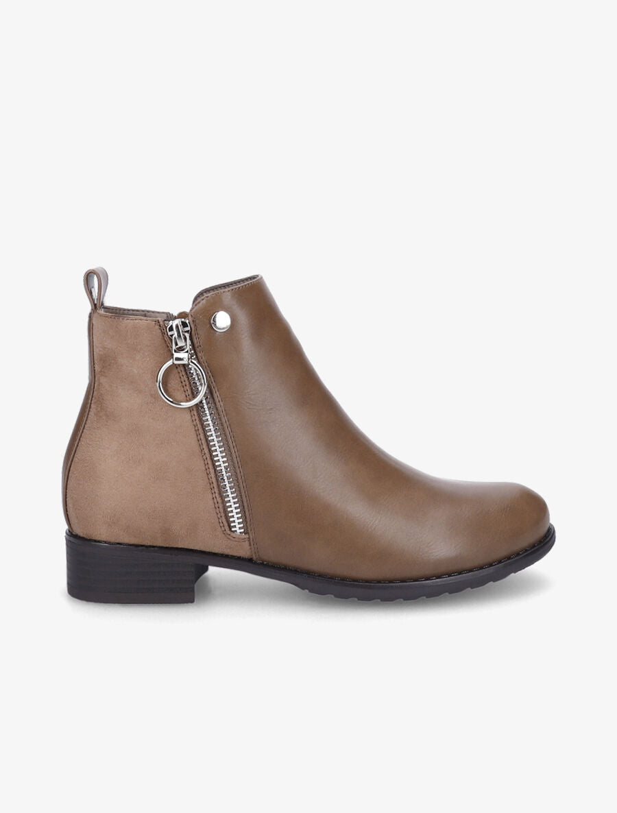 Bottines plates en simili et suédine - Taupe - 1