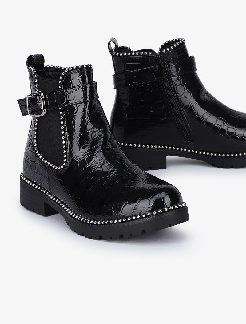 Bottines vernies effet croco à clous argentés - Noir - 6
