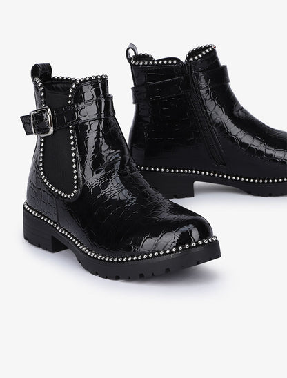 Bottines vernies effet croco à clous argentés - Noir - 6