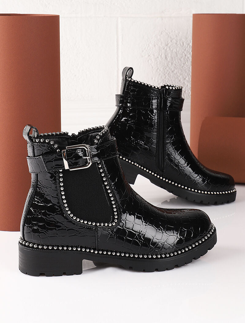 Bottines vernies effet croco à clous argentés - Noir - 5