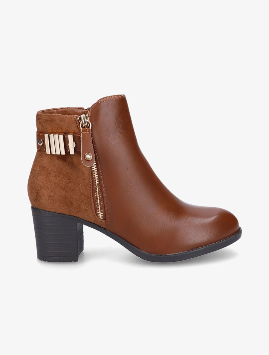 Bottines bi-matière à boucle et zip décoratif - Camel - 1