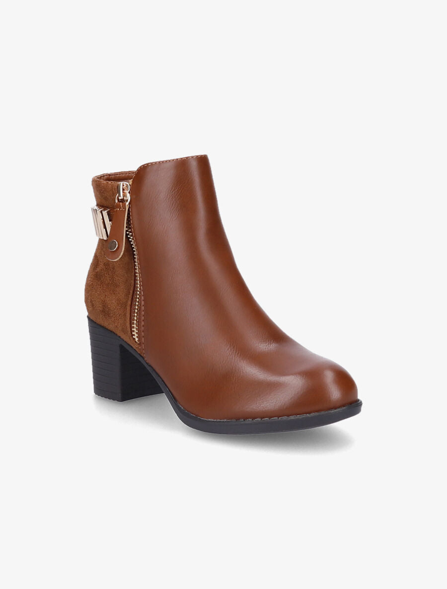 Bottines bi-matière à boucle et zip décoratif - Camel - 2
