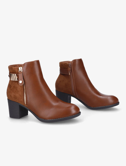 Bottines bi-matière à boucle et zip décoratif - Camel - 4