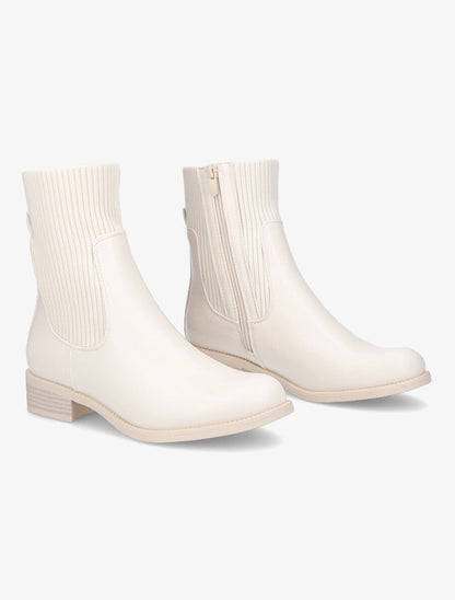 Bottines montantes en simili et tissu côtelé - Beige - 4