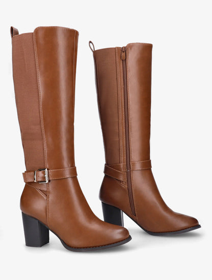 Bottes élastiquées à talon et boucle - Camel - 4