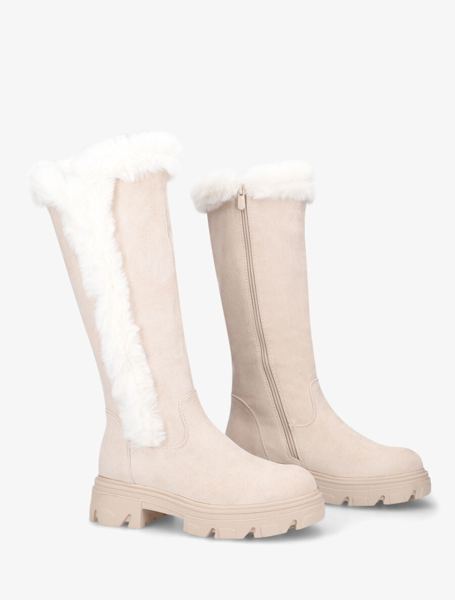 Bottes en suédine et fausse fourrure - Beige - 4