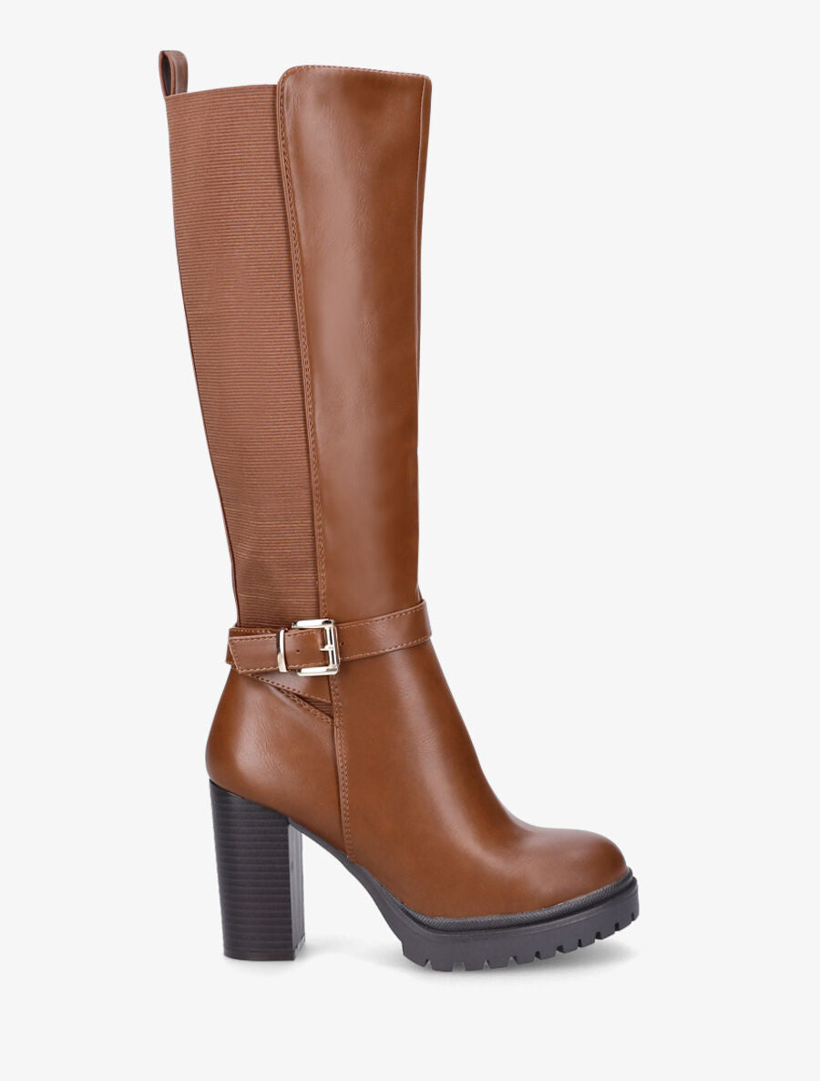 Bottes élastiquées à talon haut et plateforme - Camel - 1