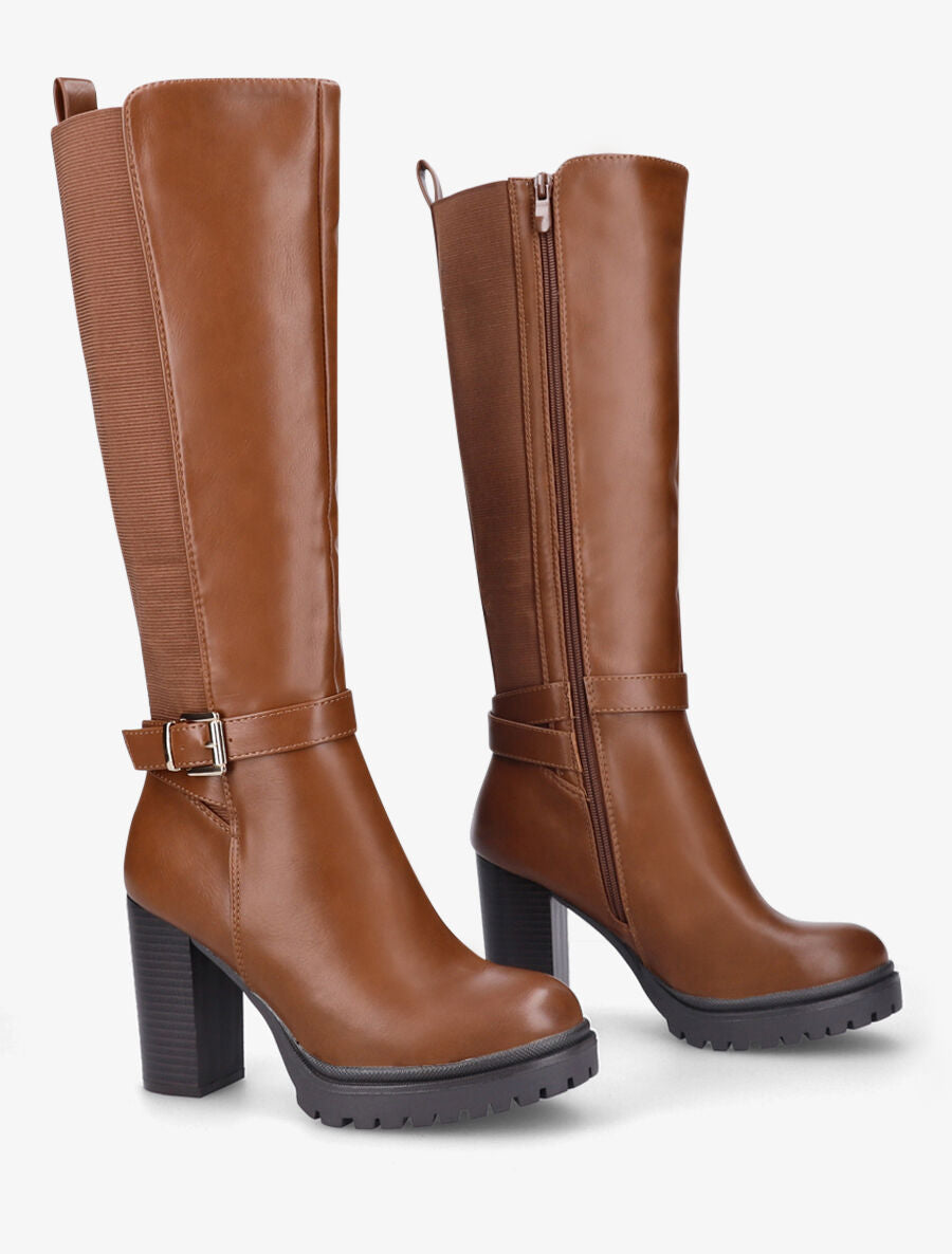 Bottes élastiquées à talon haut et plateforme - Camel - 4