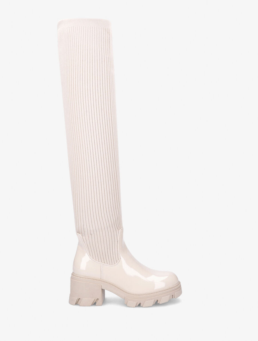 Cuissardes en tissu côtelé et simili vernis - Beige - 5