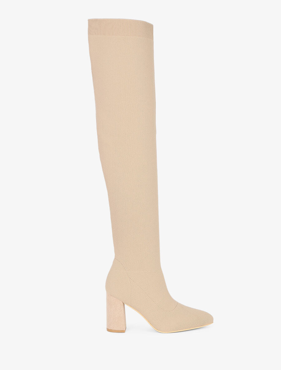 Cuissardes en maille et talon haut - Beige - 1