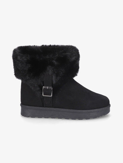 Boots en suédine à fourrure et boucle - Noir - 1