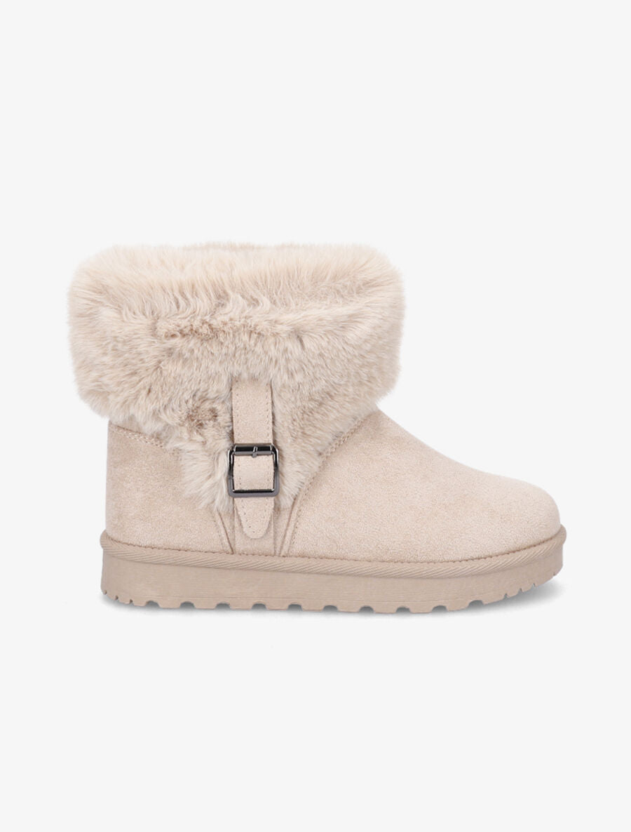 Boots en suédine à fourrure et boucle - Beige - 5