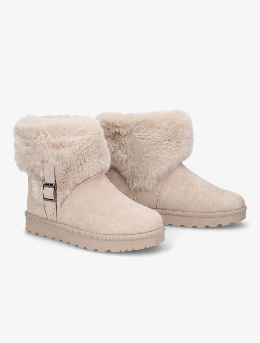 Boots en suédine à fourrure et boucle - Beige - 4