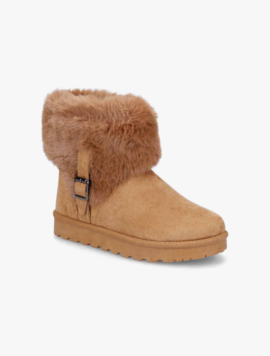 Boots en suédine à fourrure et boucle - Camel - 2